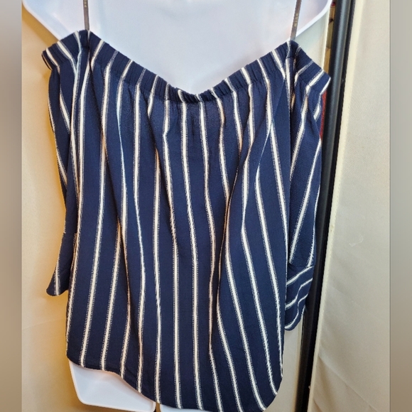 Navy Blue Striped Off-Shoulder Flare Midi Blouse Ruffle Cuffs Mint Condition - Picture 7 of 14